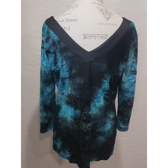 Cato Blue Black Floral Abstract Design V Cut Neck Long Sleeved Blouse Size XL - Picture 2 of 7